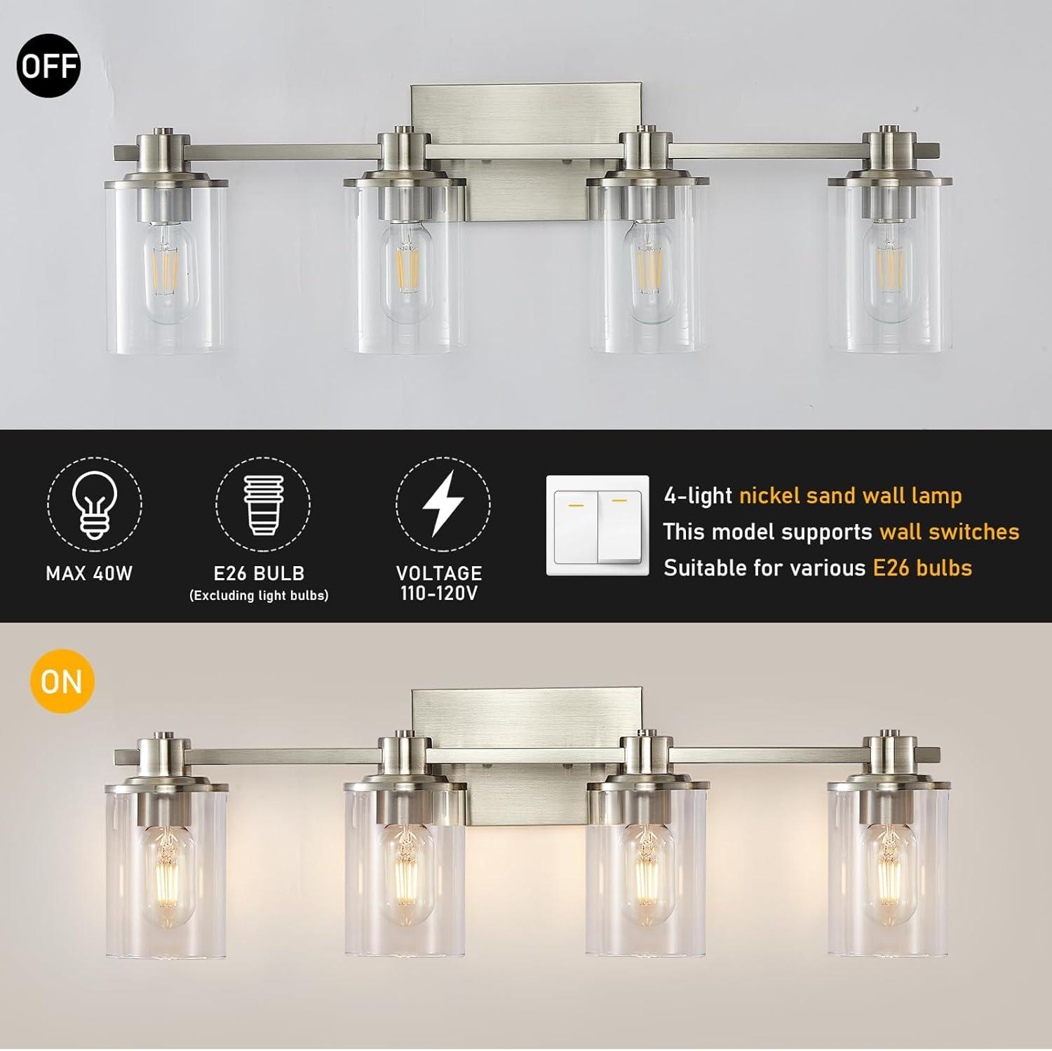 Brushed Nickel 4-Light Bathroom Vanity Fixture with Clear Glass Shades