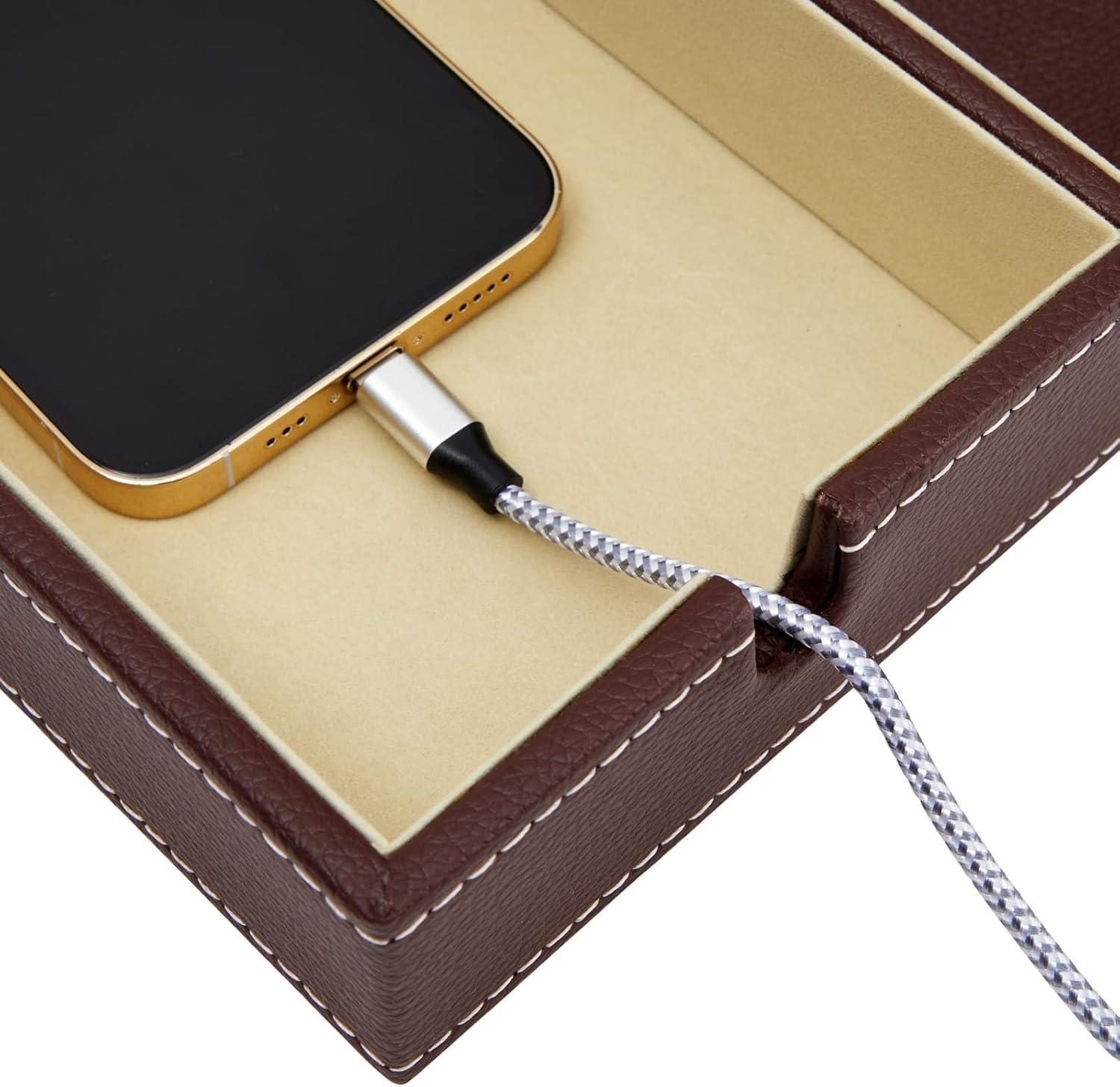 Juvale Leather Valet Catchall Tray for Men with 6 Compartments - Bedside Nightstand Organizer for Phones (Brown)