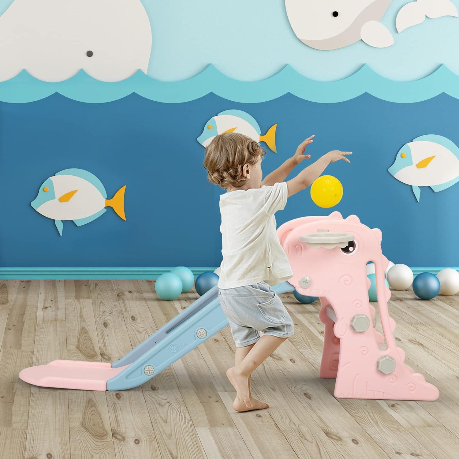 Nyeekoy 3 in 1 Foldable Toddler Large Slide w/ Climbing Ladder, Basketball Hoop, Indoor Outdoor Freestanding Playground for Kids