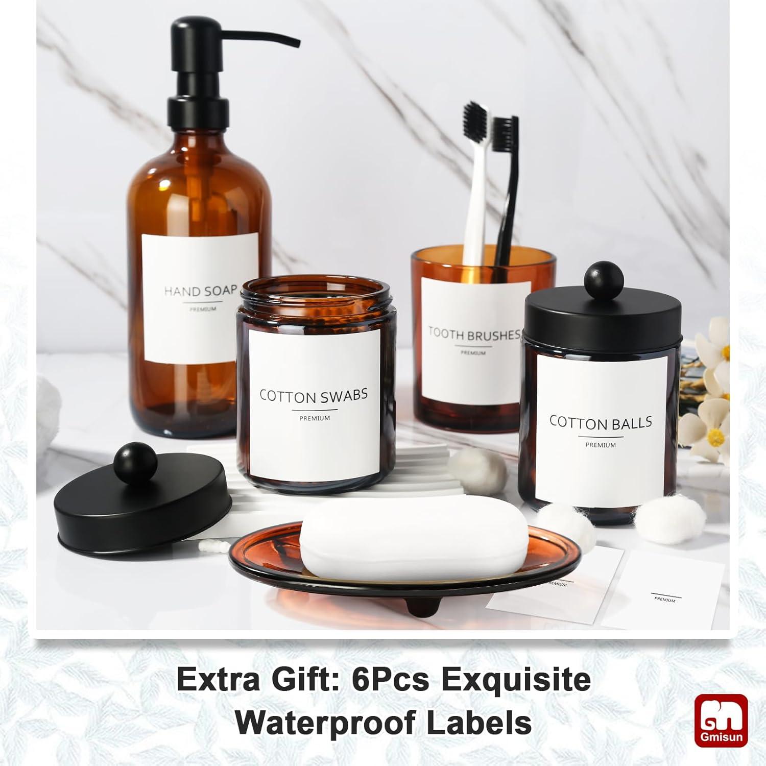 GMISUN Bathroom Accessories Set, 5 Pack Amber Glass Bath Accessory Sets Complete, Brown Soap Dispenser and Toothbrush Holder Bathroom Counter Sink Set with Labels, Rustic Modern Vintage Bathroom Decor