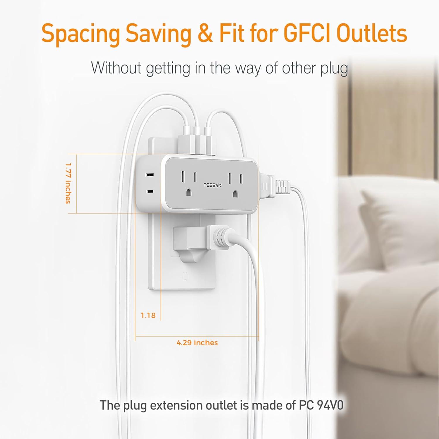 Compact White Multi Plug Wall Outlet Extender with USB Ports