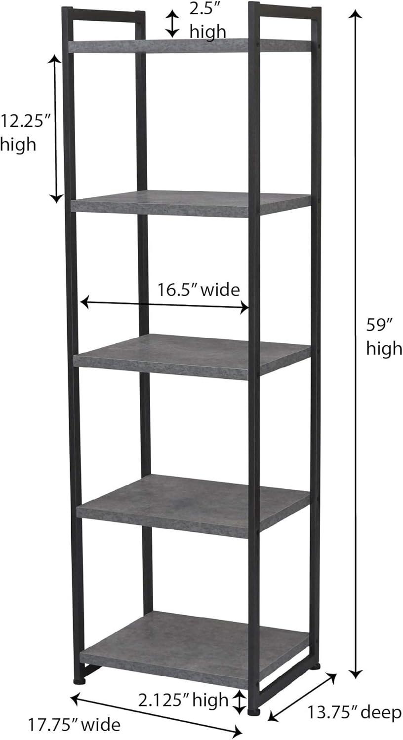 Household Essentials Jamestown Narrow 5 Shelf Open Storage Bookshelf Rustic Slate Concrete and Black Metal