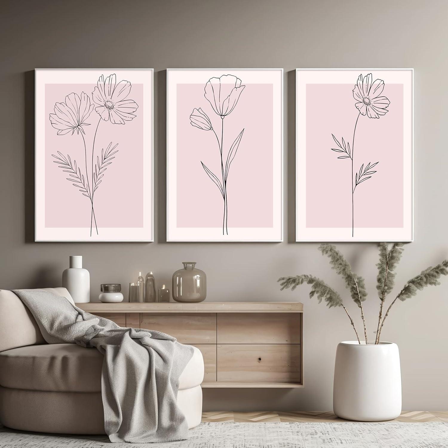 Lark Manor™ 3 Pieces Minimalism Botanical Canvas Wall Art Pink Flowers Line Plants Pictures Wall Decor Posters Print Artwork For Girls' Room Living Room Bedroom Bathroom Office Home Decoration