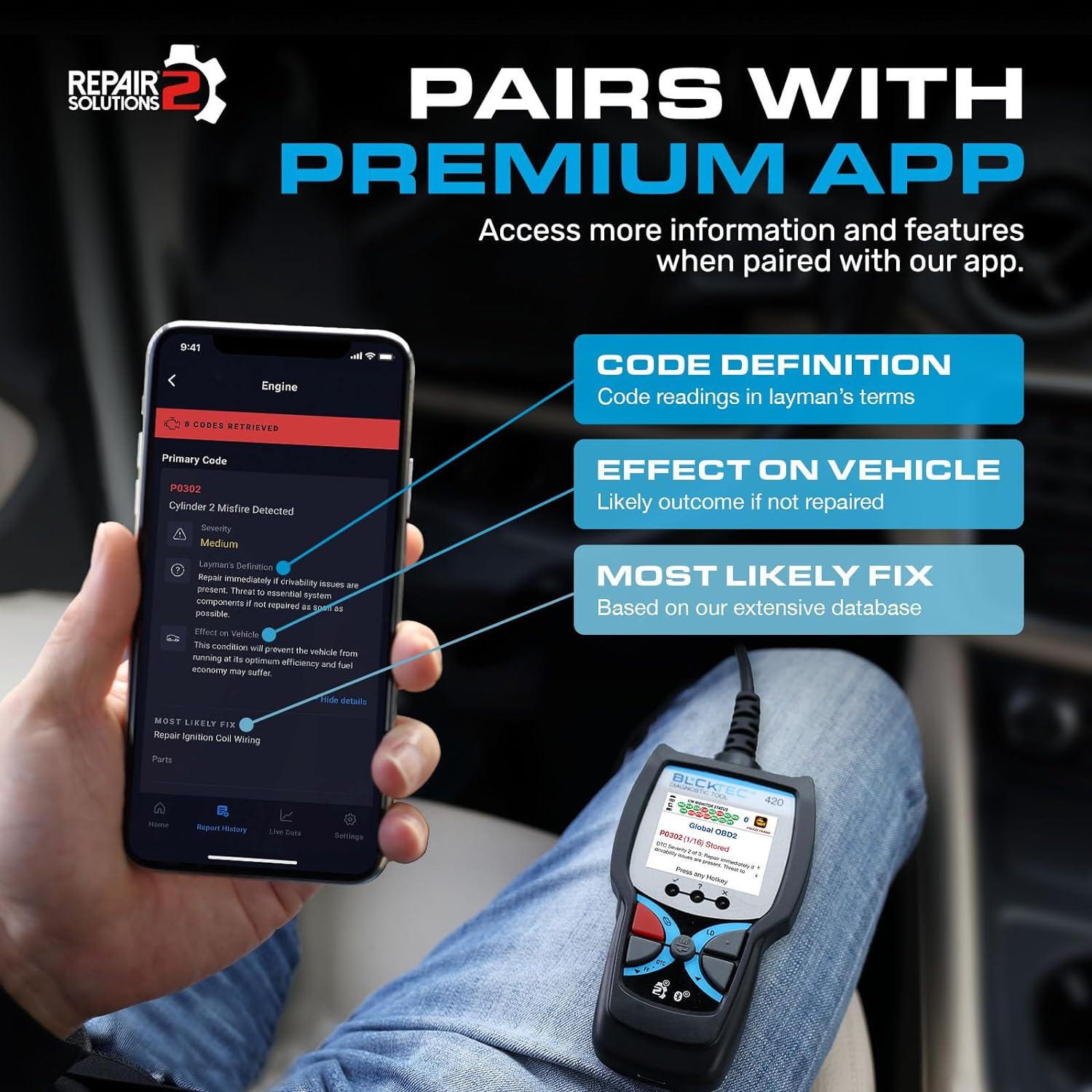 BLCKTEC 420 Bluetooth OBD2 Scanner Diagnostic Tool - Vehicle Code Reader for Car - Clears Check Engine Light - Comes with Premium OBD App On IOS & Android - Works For All Cars 1996 & Newer C47