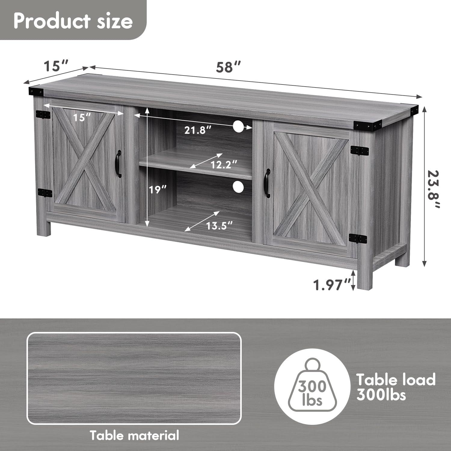 Gray Wash Barn Door TV Stand with Storage Cabinets