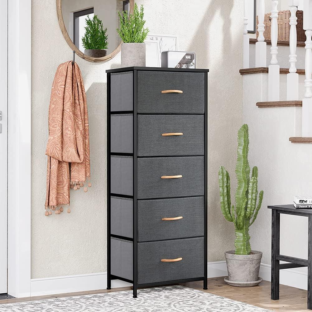 Gray and Black Vertical Dresser with Fabric Bins and Wood Top