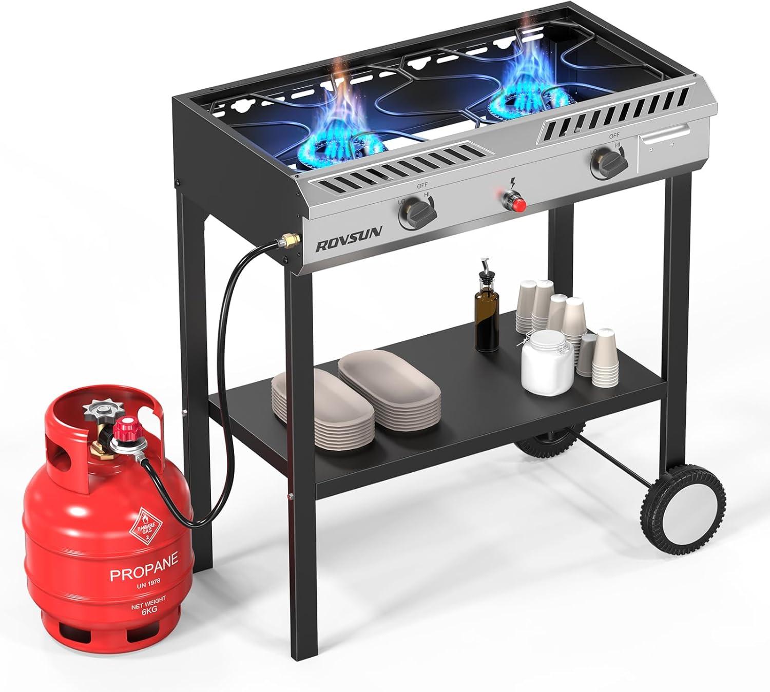 ROVSUN 2 Burner Outdoor Propane Gas Stove with Ignition, Regulator & Shelf, 150,000 BTU Powerful Cooker for Backyard Patio Cooking Home Canning Frying