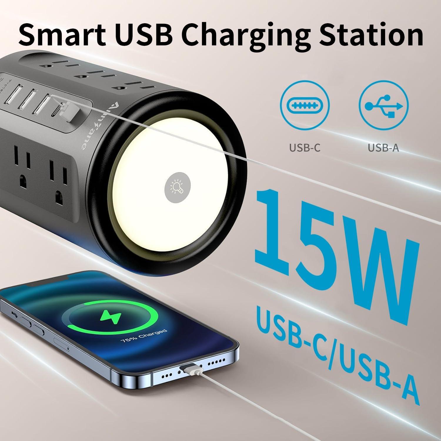 Power Strip Tower with Night Light, Power Strip Surge Protector with USB Ports, Extension Cord 10 FT with Multiple Outlets (12AC+3A+2C) for Home Office Desk DormRoom (Black)