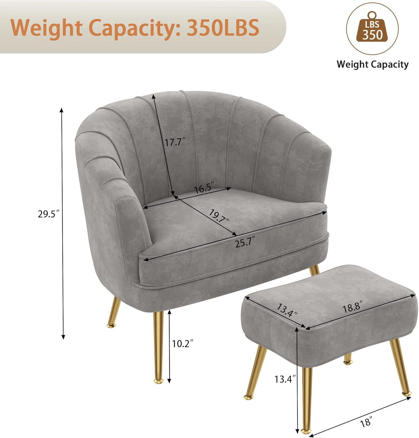 Gray Velvet Barrel Accent Chair with Ottoman and Gold Legs