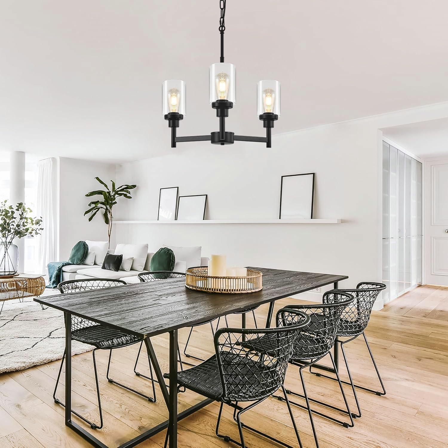Black Chandelier for Dinning Room Living Room Island Kitchen Chandelier Light Fixtures Over Table, 3 Light Farmhouse Chandelier with Cylinder Clear Glass, Height Adjustable