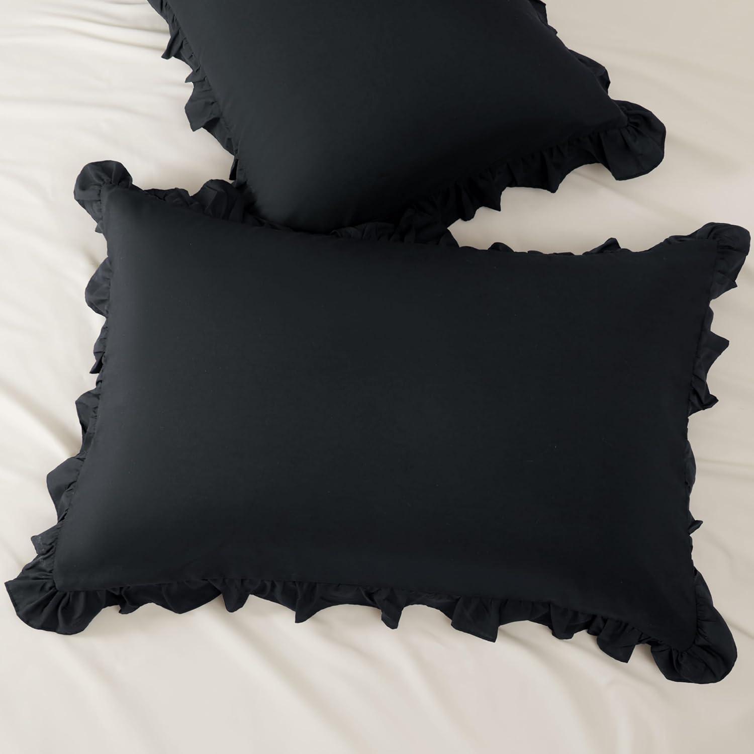 Grace Linen Ruffle Pillow Shams Standard Size Set of 2, 20X26 - Microfiber Soft & Breathable & smooth - Ruffle Pillowcases 20X26 - Black