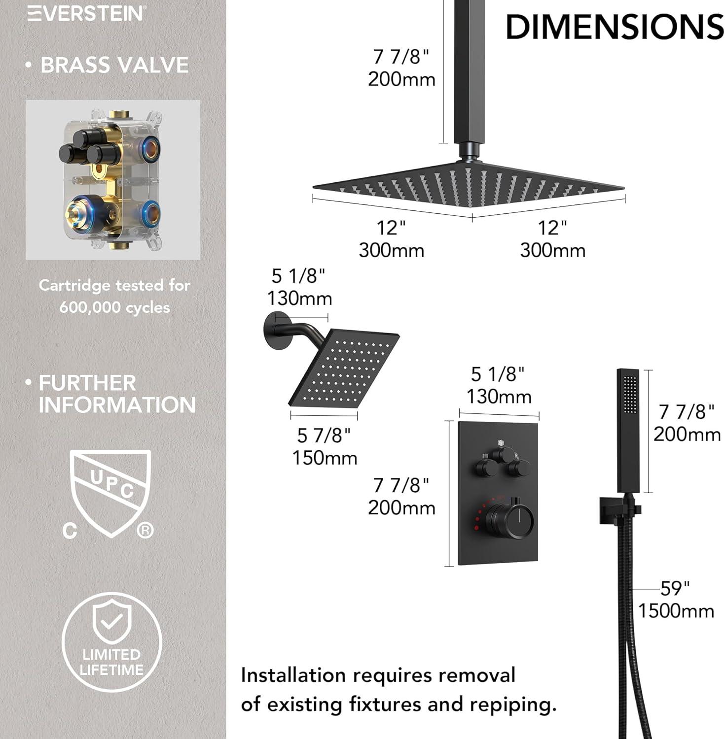Thermostatic Shower Faucet 12" High-Pressure Dual Showerheads with Rough-In Valve