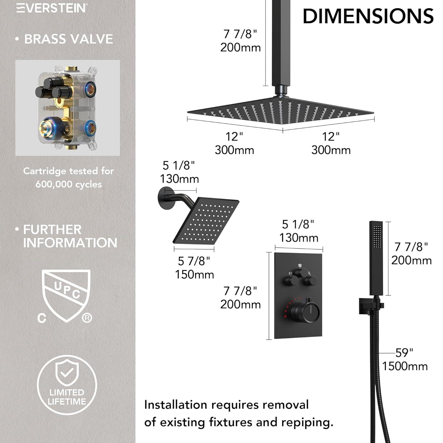 Thermostatic Shower Faucet 12" High-Pressure Dual Showerheads with Rough-In Valve