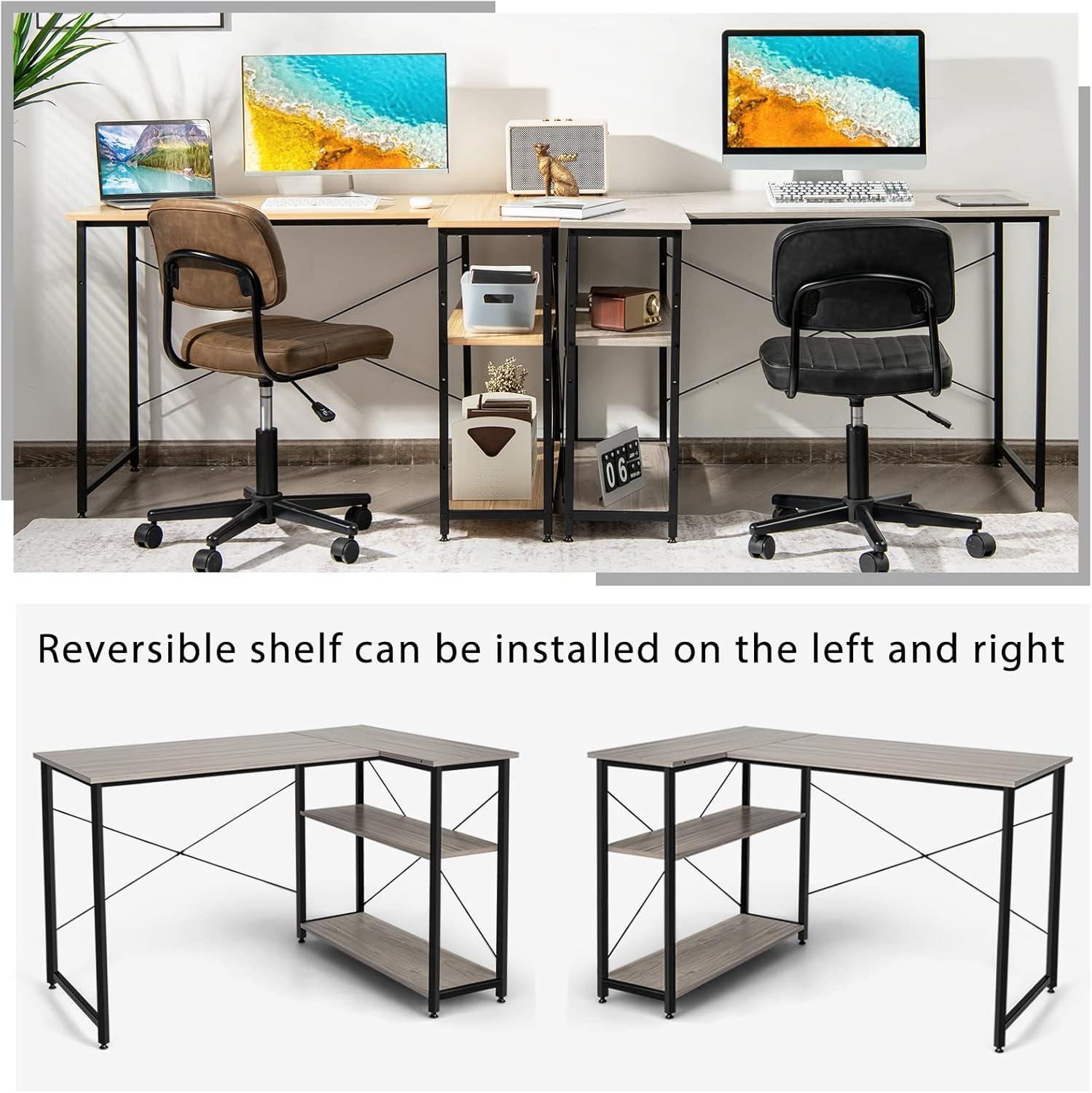 Costway 48'' Reversible L Shaped Computer Desk Home Office Table Adjustable Shelf Brown\Gray\Natural