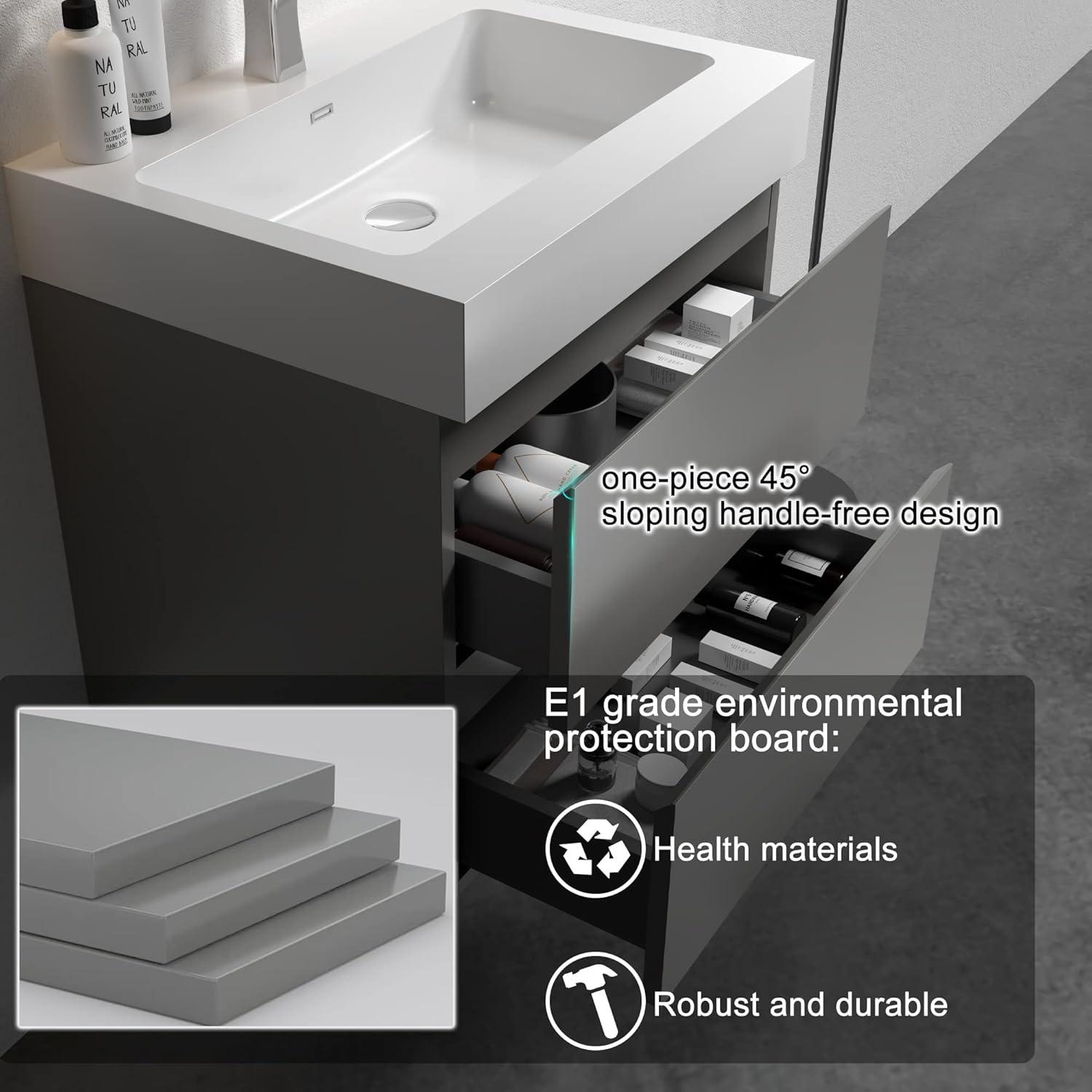 Gray 24'' Floating Wall-Mount Bathroom Vanity with White Sink