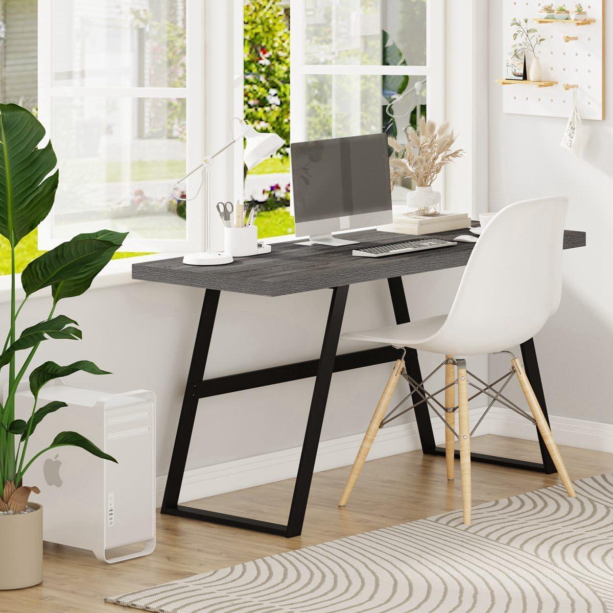 Dark Grey Oak Industrial Writing Desk with Metal Legs