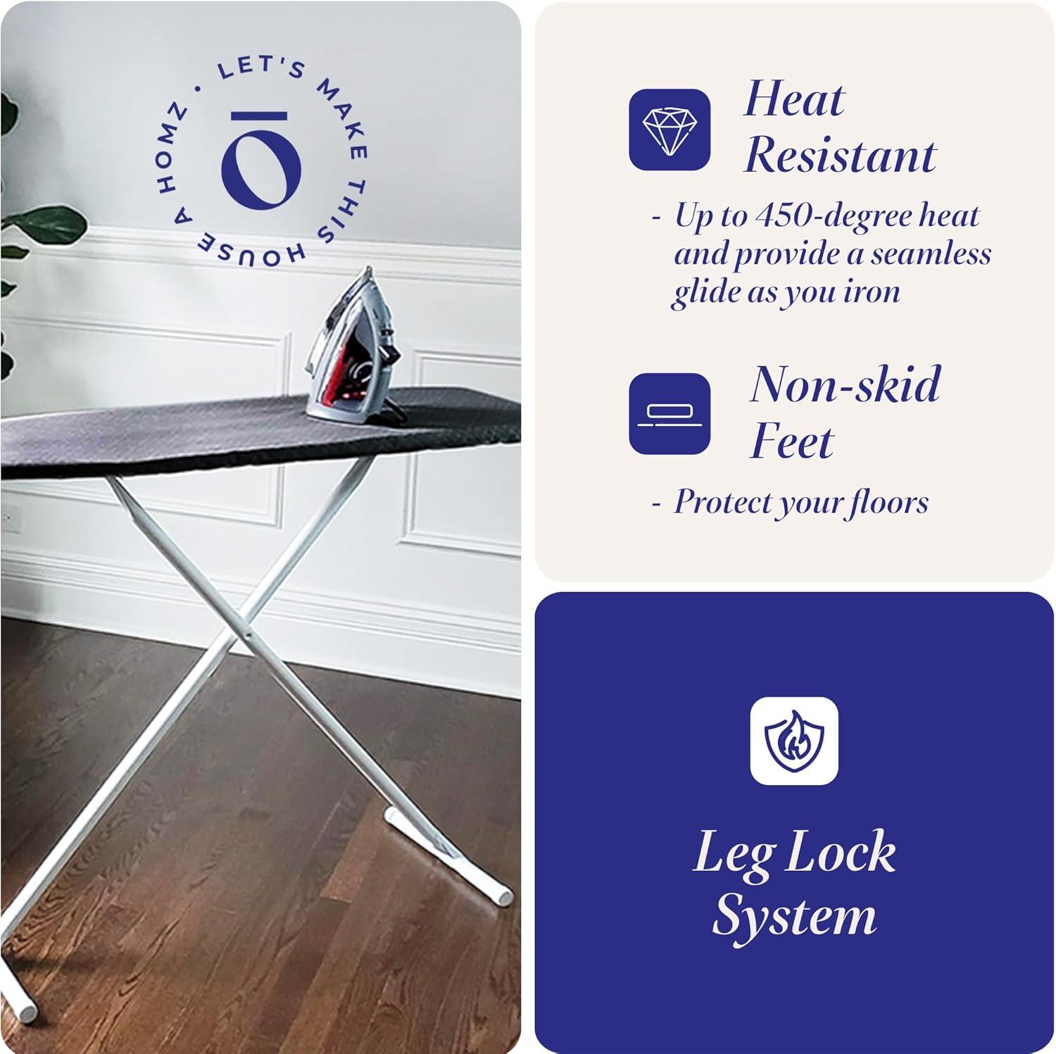 Homz T-Leg Foldable Adjustable Ironing Board w/Pad & Cotton Cover, Gray