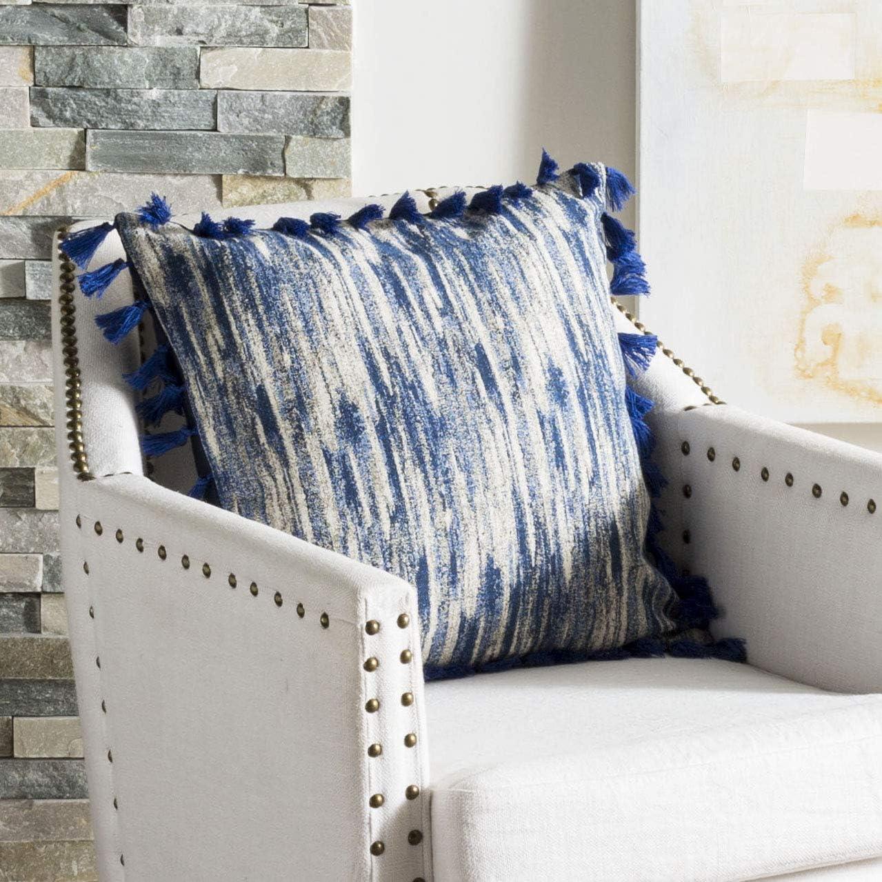 Blue and Cream Abstract Tassel Throw Pillow