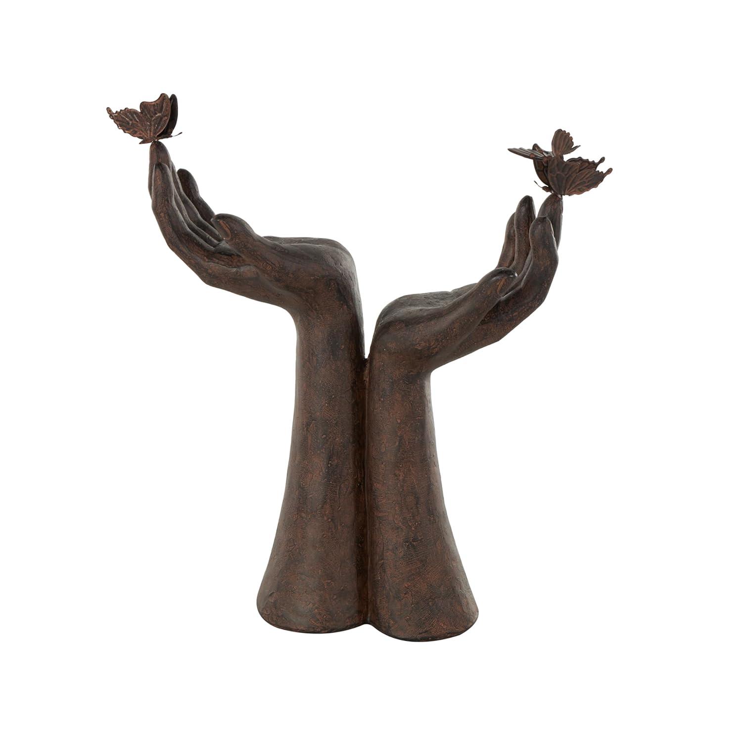 Deco 79 Polystone Hands Decorative Sculpture Raised Home Decor Statue with Butterfly Accents, Accent Figurine 13" x 5" x 14", Dark Brown