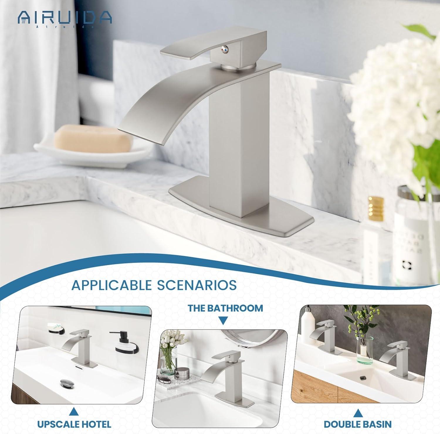 Waterfall Single Handle Bathroom Vanity Sink Faucet with Metal Pop-up Drain, Brushed Nickel Finish