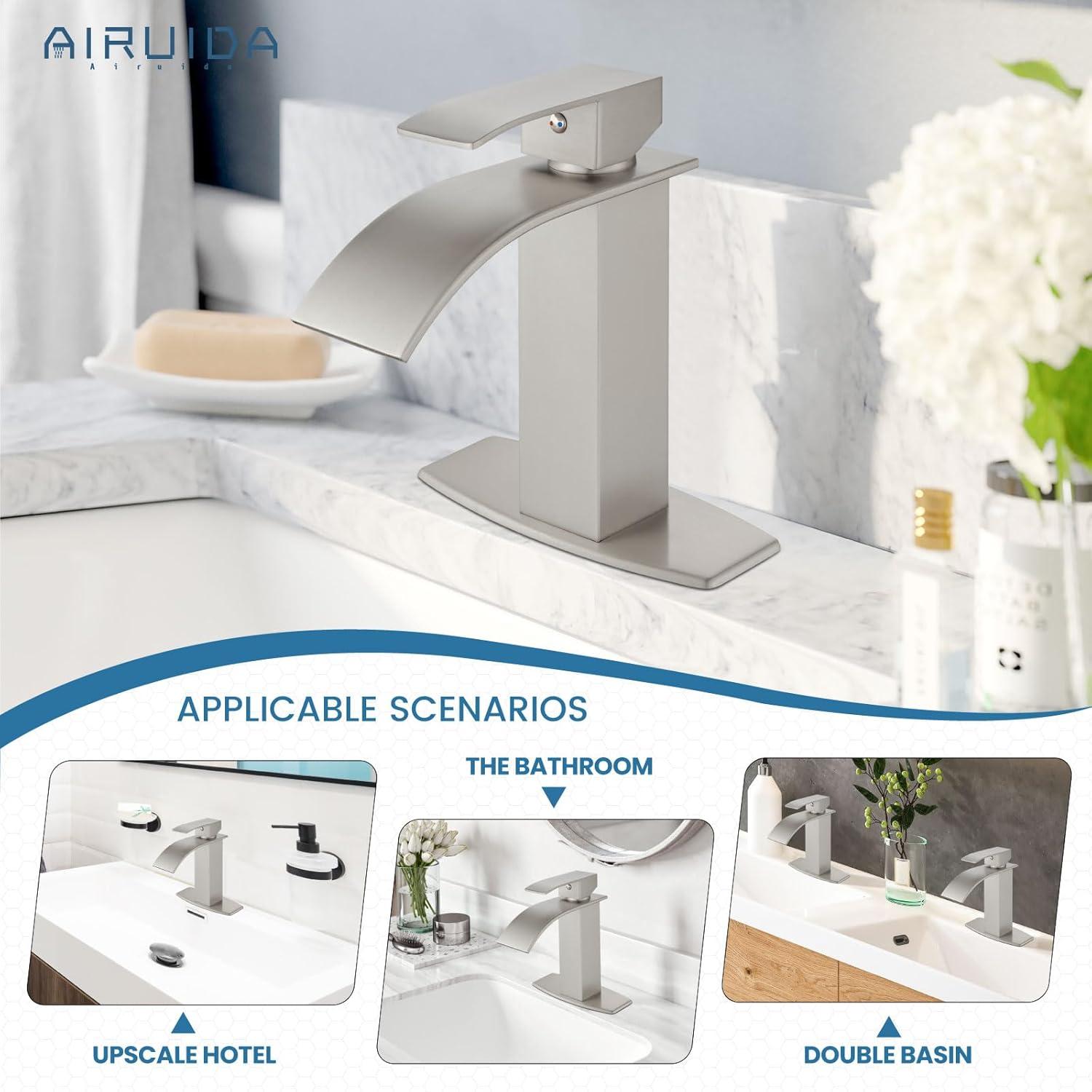 Waterfall Single Handle Bathroom Vanity Sink Faucet with Metal Pop-up Drain, Brushed Nickel Finish