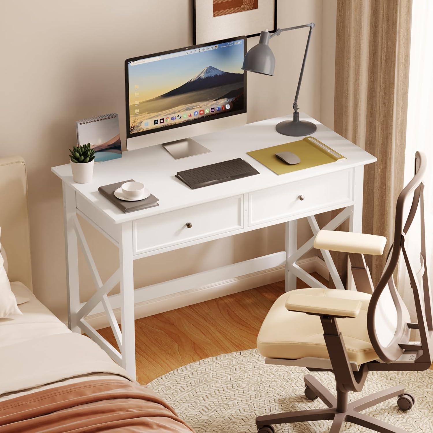 White Computer Desk with 2 Drawers, Modern Makeup Vanity Desk with Storage, Writing Desk for Home Office, 42'' Long Study Simple White Desk for Bedroom Console Table Living Room