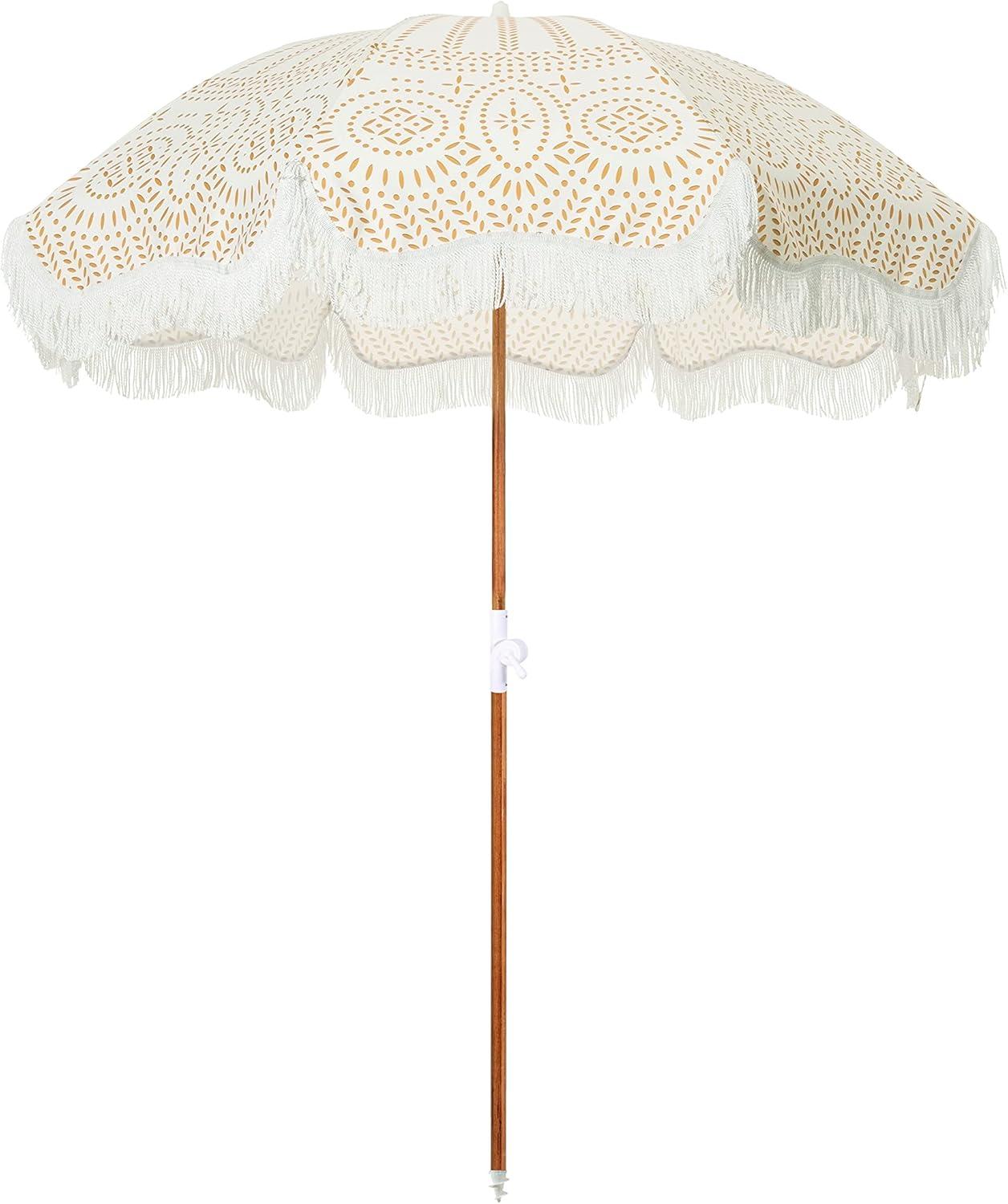 Beige Boho-Chic Aluminum Beach Umbrella with Fringe