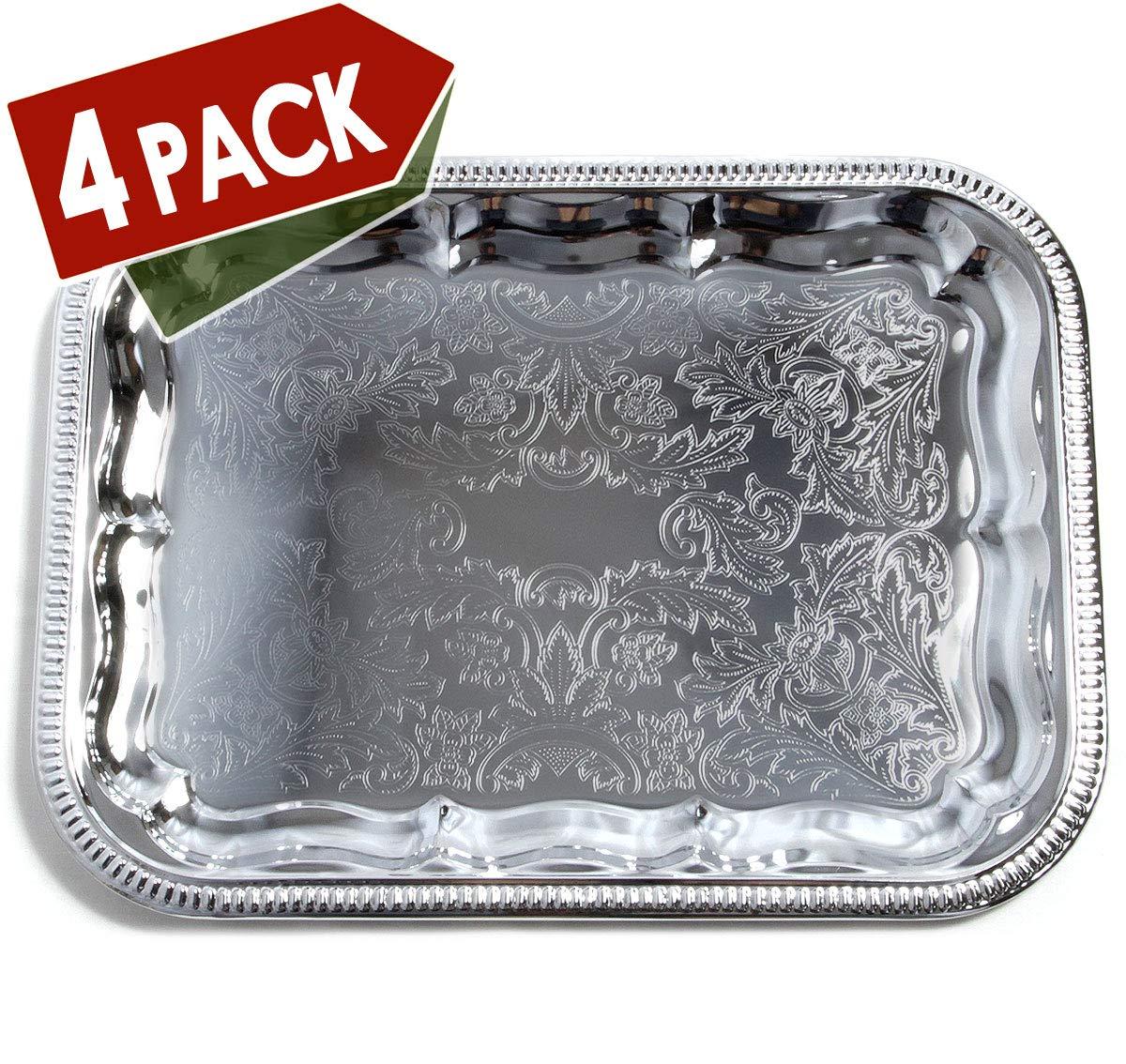 (Pack of 4 16.1-Inch x 12.2-Inch Oblong Rectangular Trim Victoria Floral Engraved Catering Chrome Plated Serving Plate Mirror Food Candle Deco Art Tray Platter Party(Medium) T227-4pk