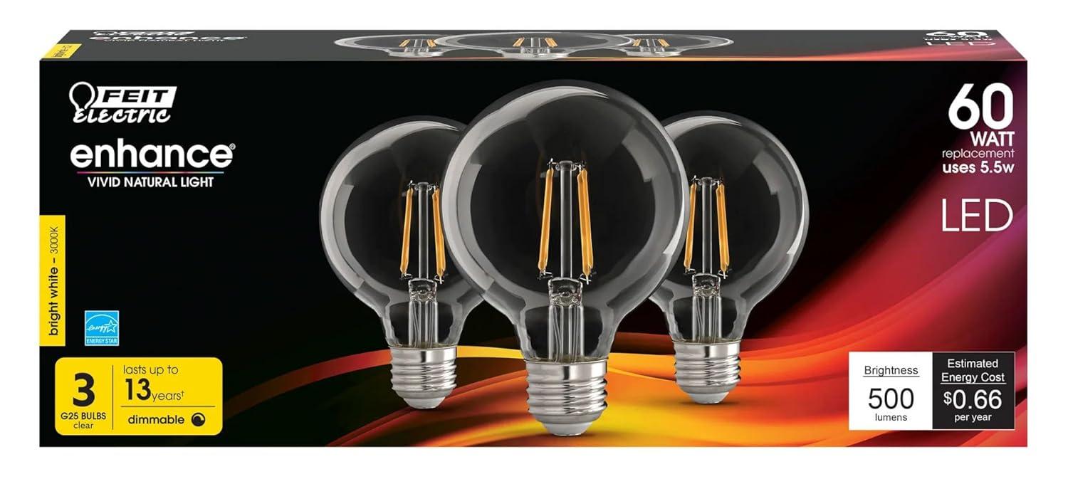 Feit Electric Clear Glass Globe LED Bulbs, Pack of 3