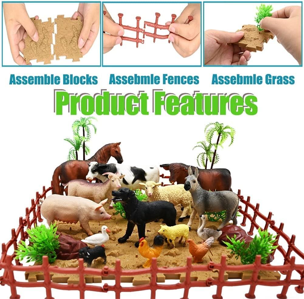 Realistic Plastic Farm Animal Playset with Fences and Soil Blocks