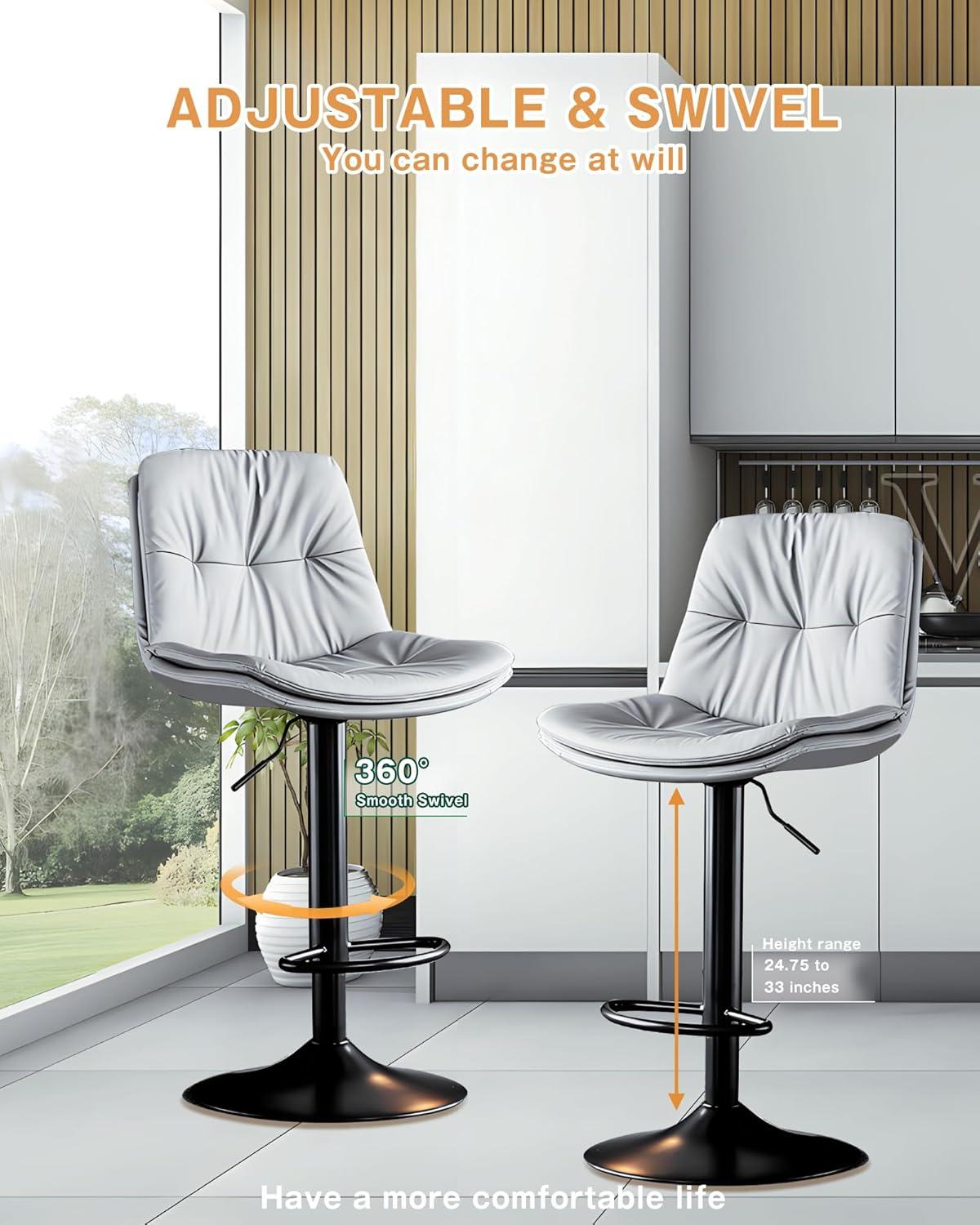 Bar Stools Set of 2, Adjustable Swivel Bar Chairs with 360° Rotation, Padded Counter Stools with Back and Footrest for Kitchen Island, Bistro, Cafe, and Home Use Black2