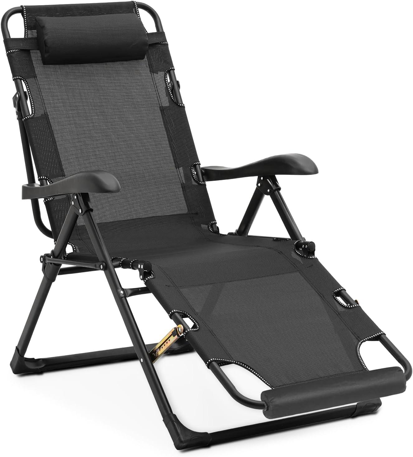 MoNiBloom Patio Lounge Chair with Adjustable Headrest & Foot Pads, Outdoor Folding Reclining Beach Lawn Lounger, Black