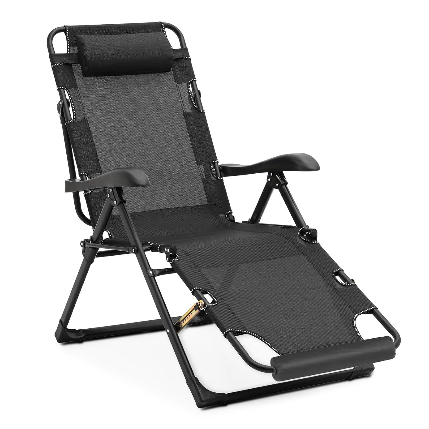 MoNiBloom Patio Lounge Chair with Adjustable Headrest & Foot Pads, Outdoor Folding Reclining Beach Lawn Lounger, Black