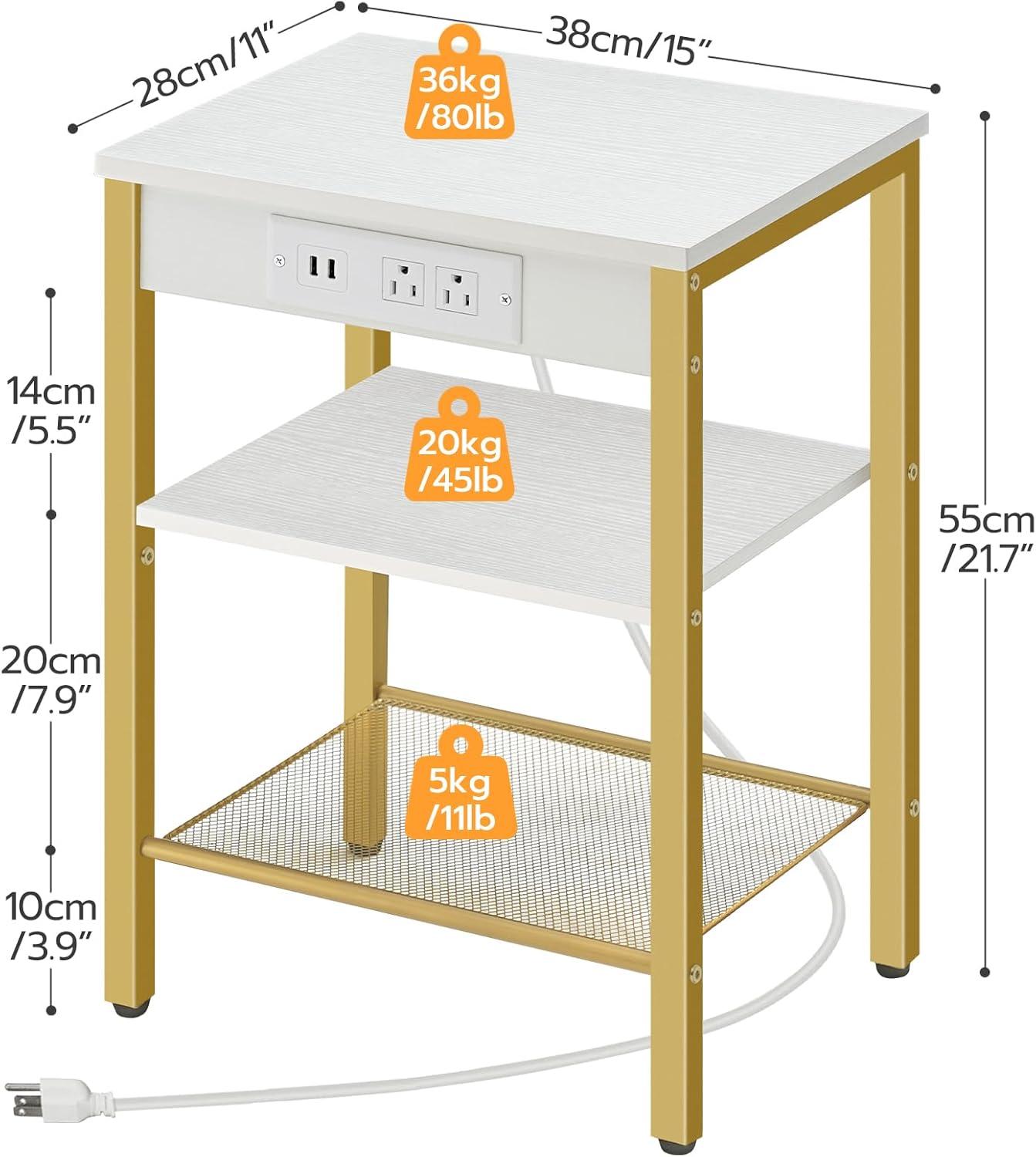 End Tables Set of 2 with Charging Station and USB Ports, 3-Tier Nightstands with Adjustable Shelves, Small Side Tables for Small Space in Living Room, Bedroom, White and Gold DW112BZP201G1