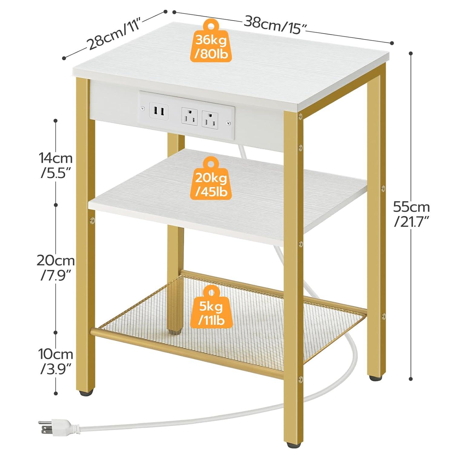 End Tables Set of 2 with Charging Station and USB Ports, 3-Tier Nightstands with Adjustable Shelves, Small Side Tables for Small Space in Living Room, Bedroom, White and Gold DW112BZP201G1