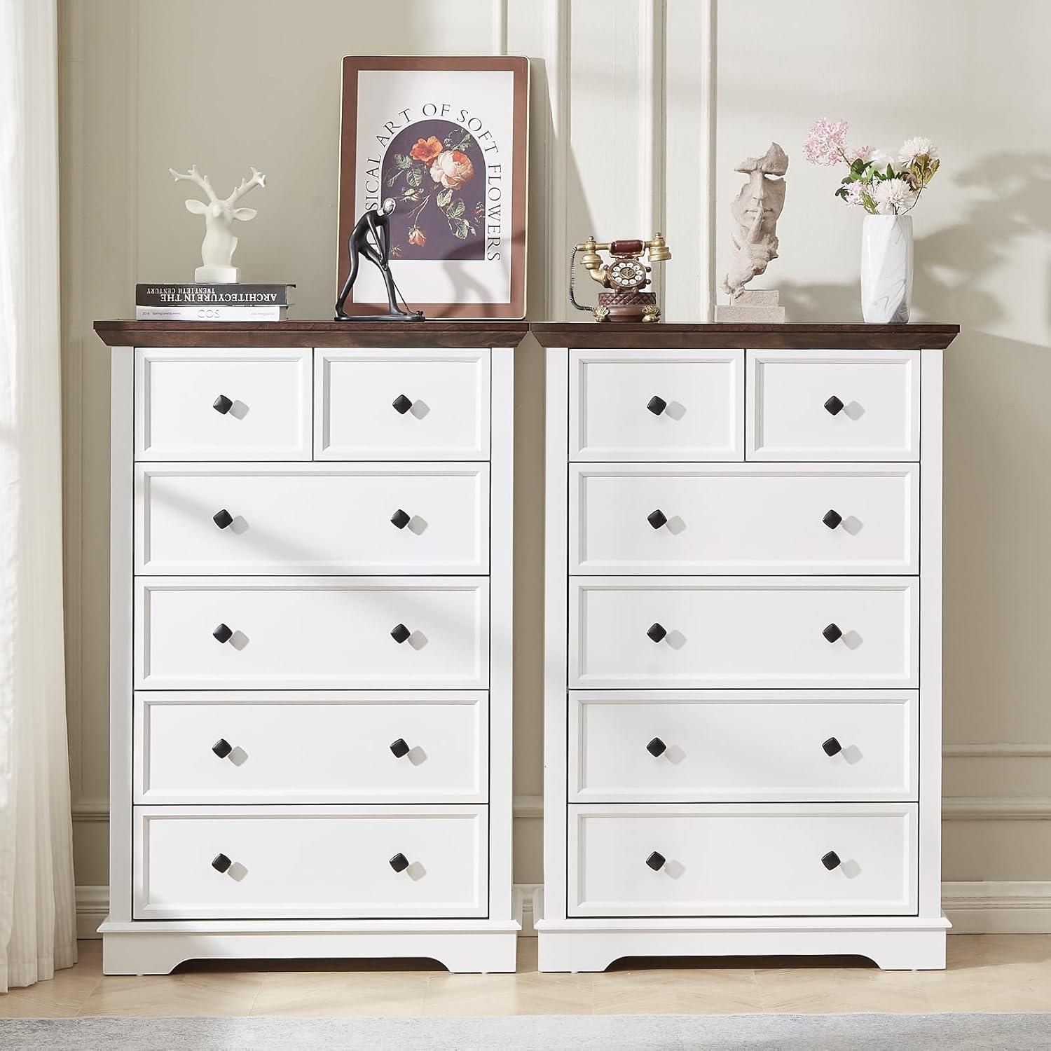 White Farmhouse 48" Tall 6-Drawer Wood Dresser