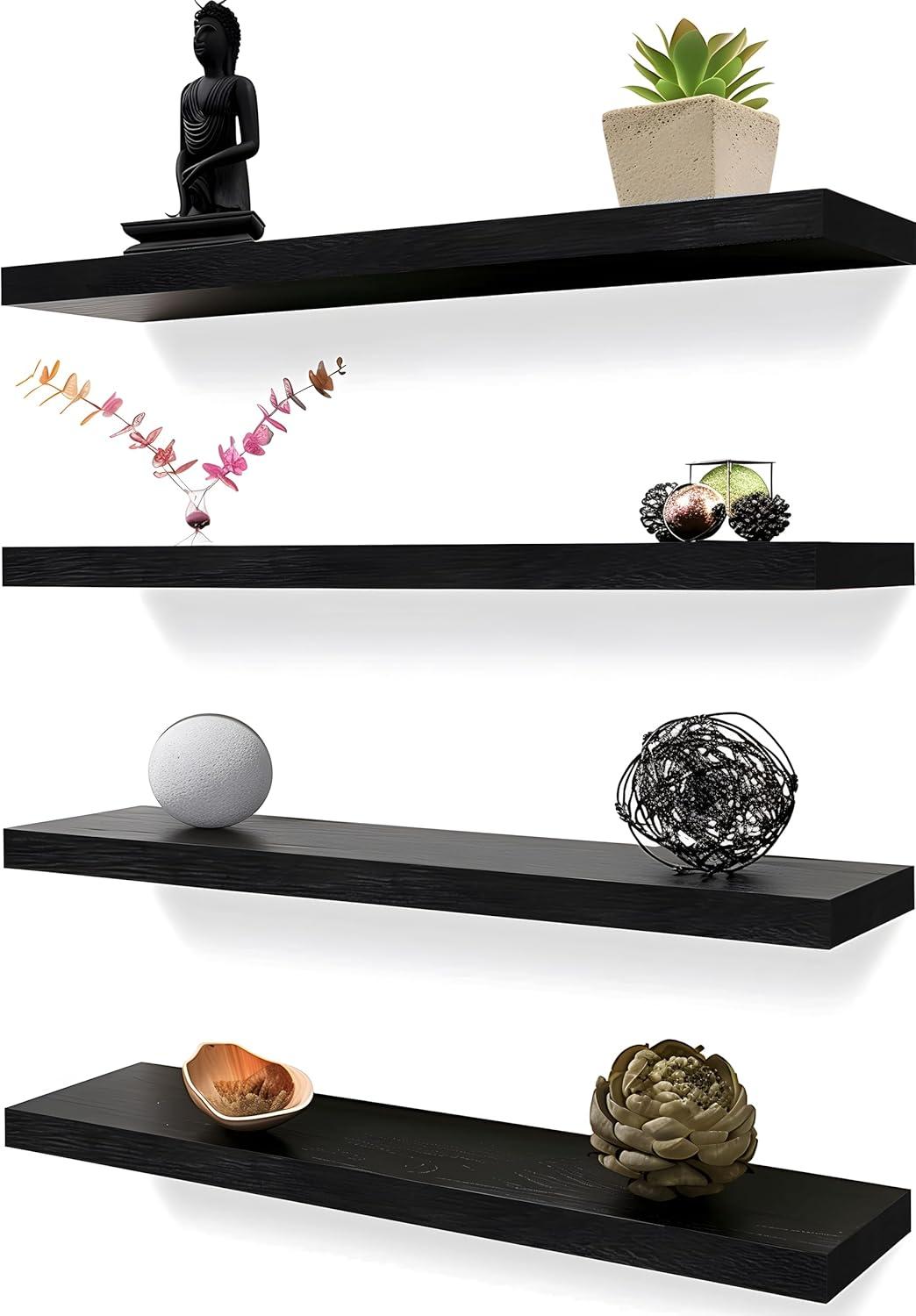 Wood Floating Shelves for Wall Decor, Rustic Wall Shelves for Bedroom Bathroom Kitchen Living Room, Set of 4 Light Walnut 24 Inch