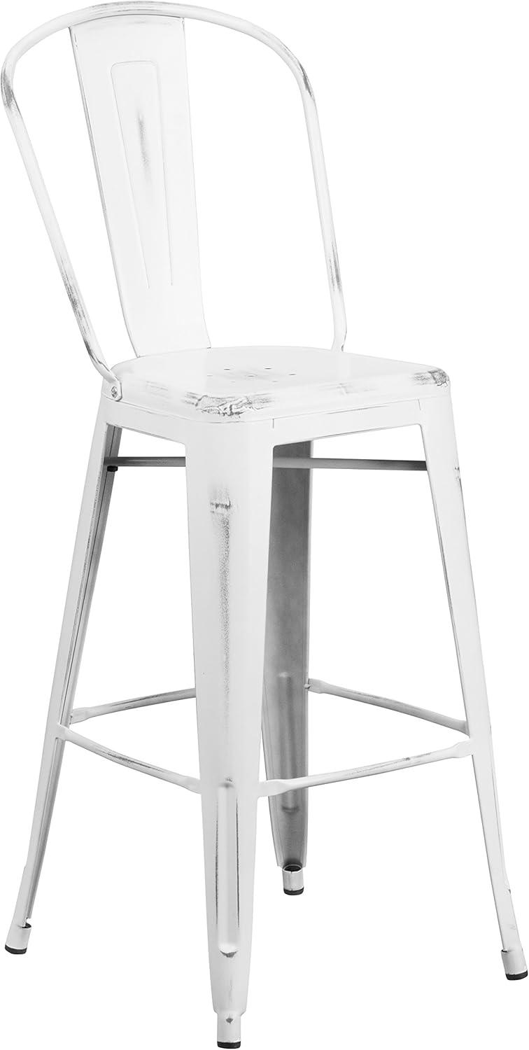 Flash Furniture Commercial Grade 30" High Distressed White Metal Indoor-Outdoor Barstool with Back