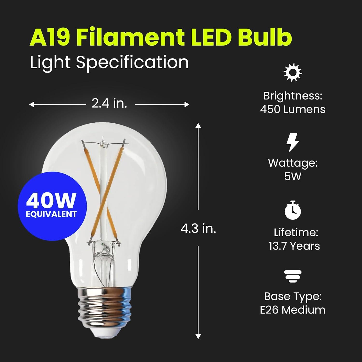 Feit Electric A19 E26 (Medium) Filament LED Bulb Daylight 40 Watt Equivalence 4 pk