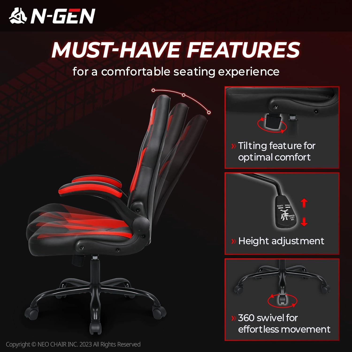 N-GEN Adjustable Ergonomic Faux Leather Swiveling PC & Racing Game Office Desk Chair with Flip-Up Arms