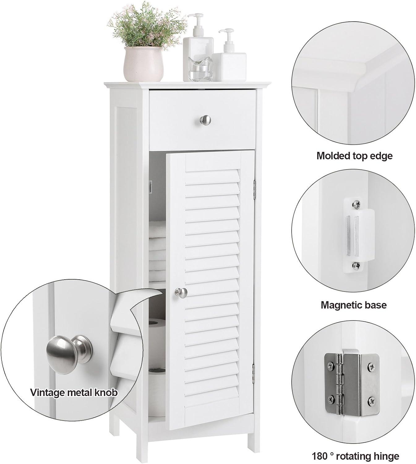 VASAGLE Bathroom Storage Cabinet, Small Slim Bathroom Floor Cabinet with Drawer and Shutter Door, for Living Room, Bedroom, 11.8 x 12.6 x 34.3 Inches, White UBBC43WT