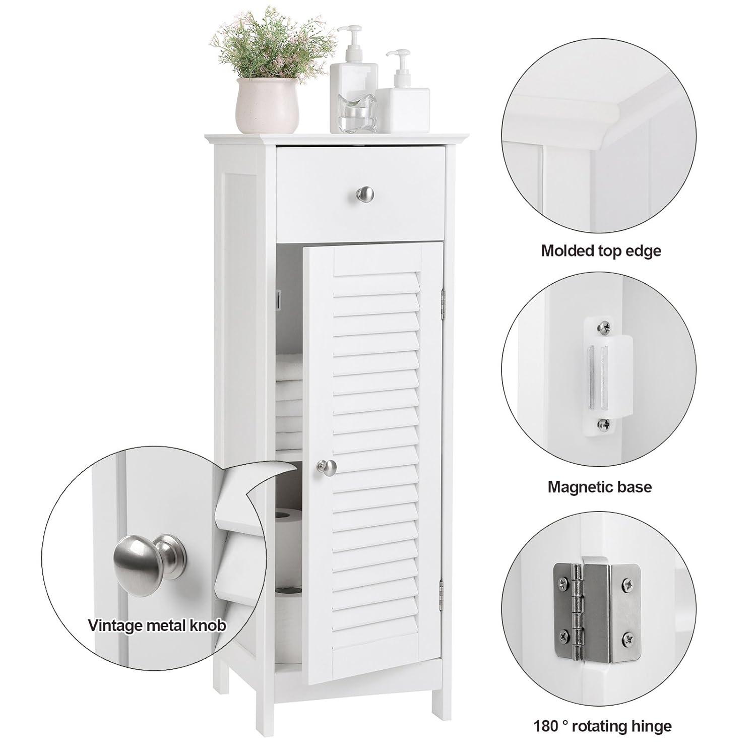 VASAGLE Bathroom Storage Cabinet, Small Slim Bathroom Floor Cabinet with Drawer and Shutter Door, for Living Room, Bedroom, 11.8 x 12.6 x 34.3 Inches, White UBBC43WT