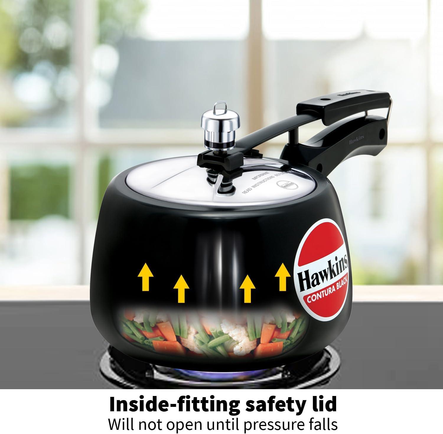 Hawkins 3L Hard Anodized Pressure Cooker: Aluminum, Locking Lid, Cool Touch Handle, Hand Wash, Black