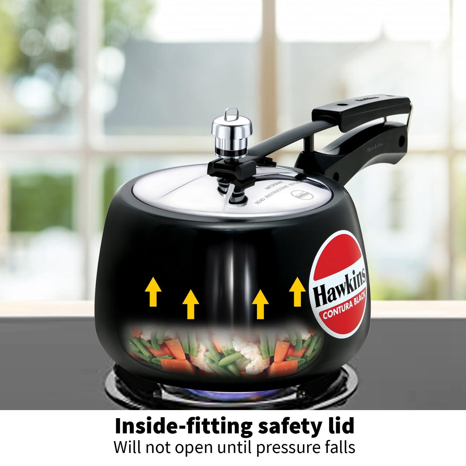 Hawkins 3L Hard Anodized Pressure Cooker: Aluminum, Locking Lid, Cool Touch Handle, Hand Wash, Black