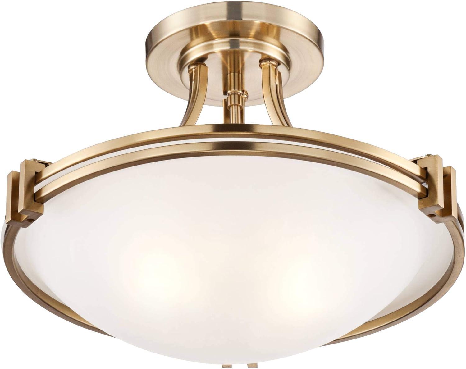 Possini Euro Design Deco Modern Ceiling Light Semi Flush Mount Fixture 16" Wide Warm Brass 2-Light White Glass Bowl for Bedroom Kitchen Living Room