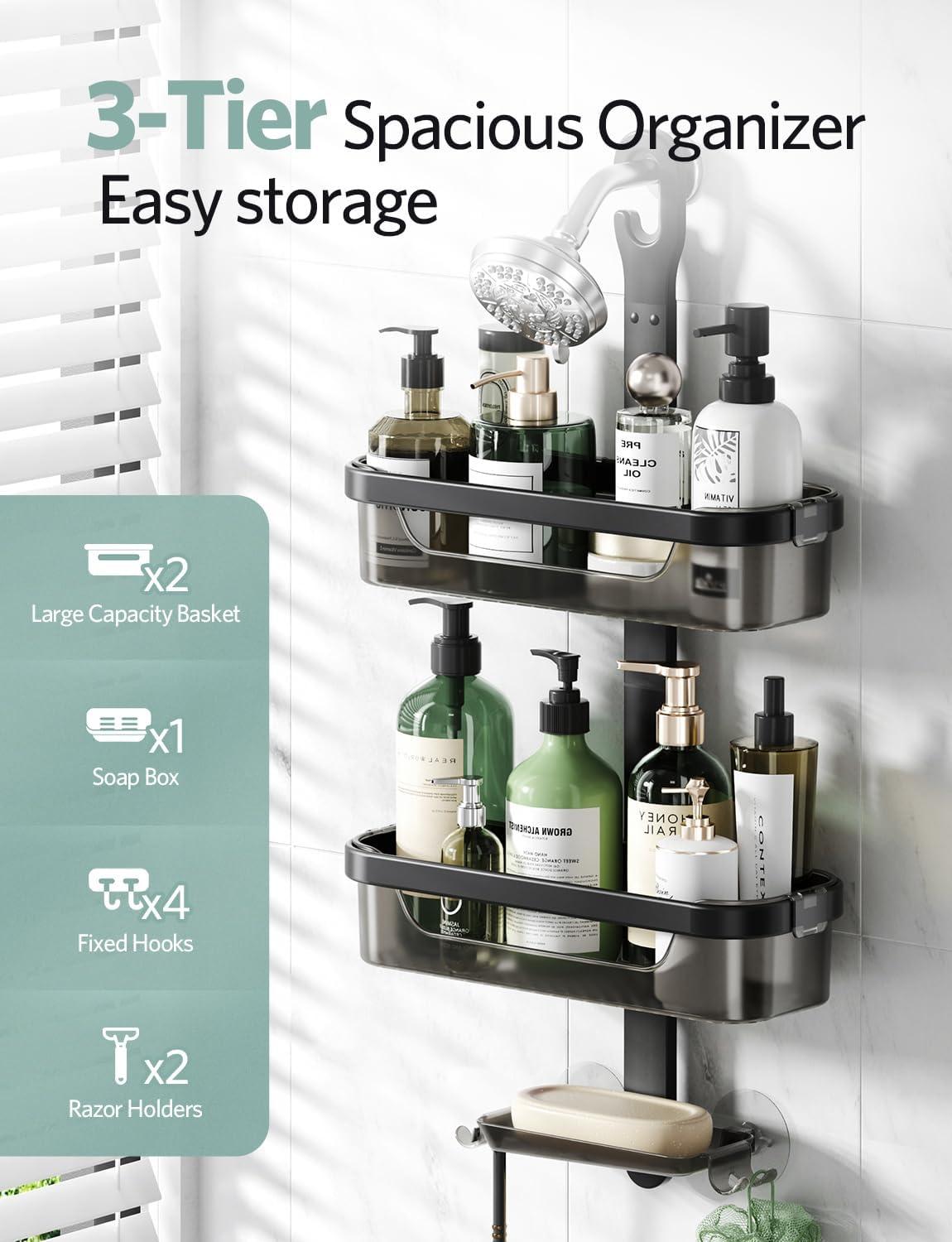 LAMU Over-the-Shower Head Organizer, 3-Shelf Aluminum Shower Caddy, Black