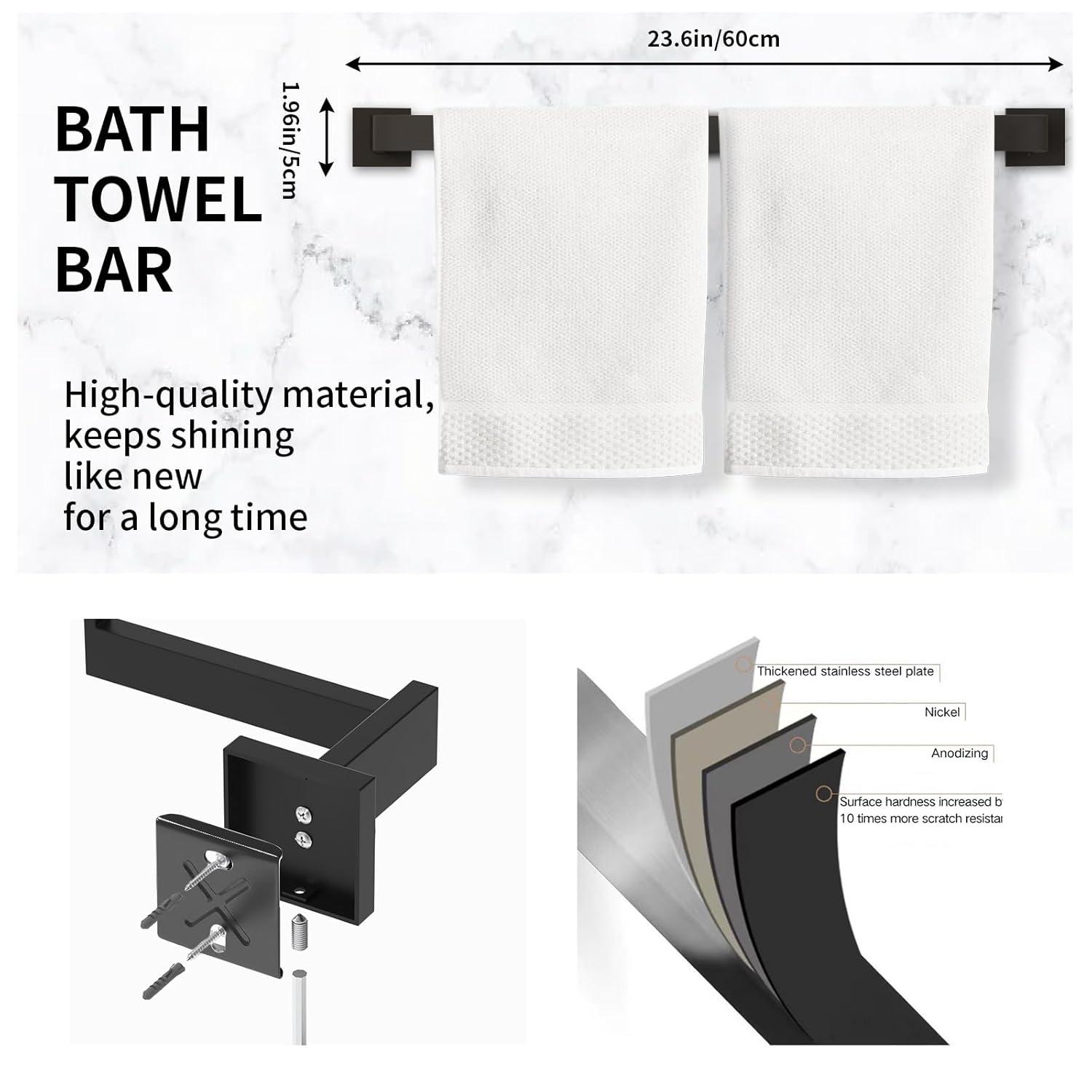 10-Pieces Matte Black Bathroom Accessories Set, 23.6 Inch Bath Towel Bar Set, SUS 304 Stainless Steel Bathroom Hardware Set, Towel Racks for Bathroom Wall Mounted.