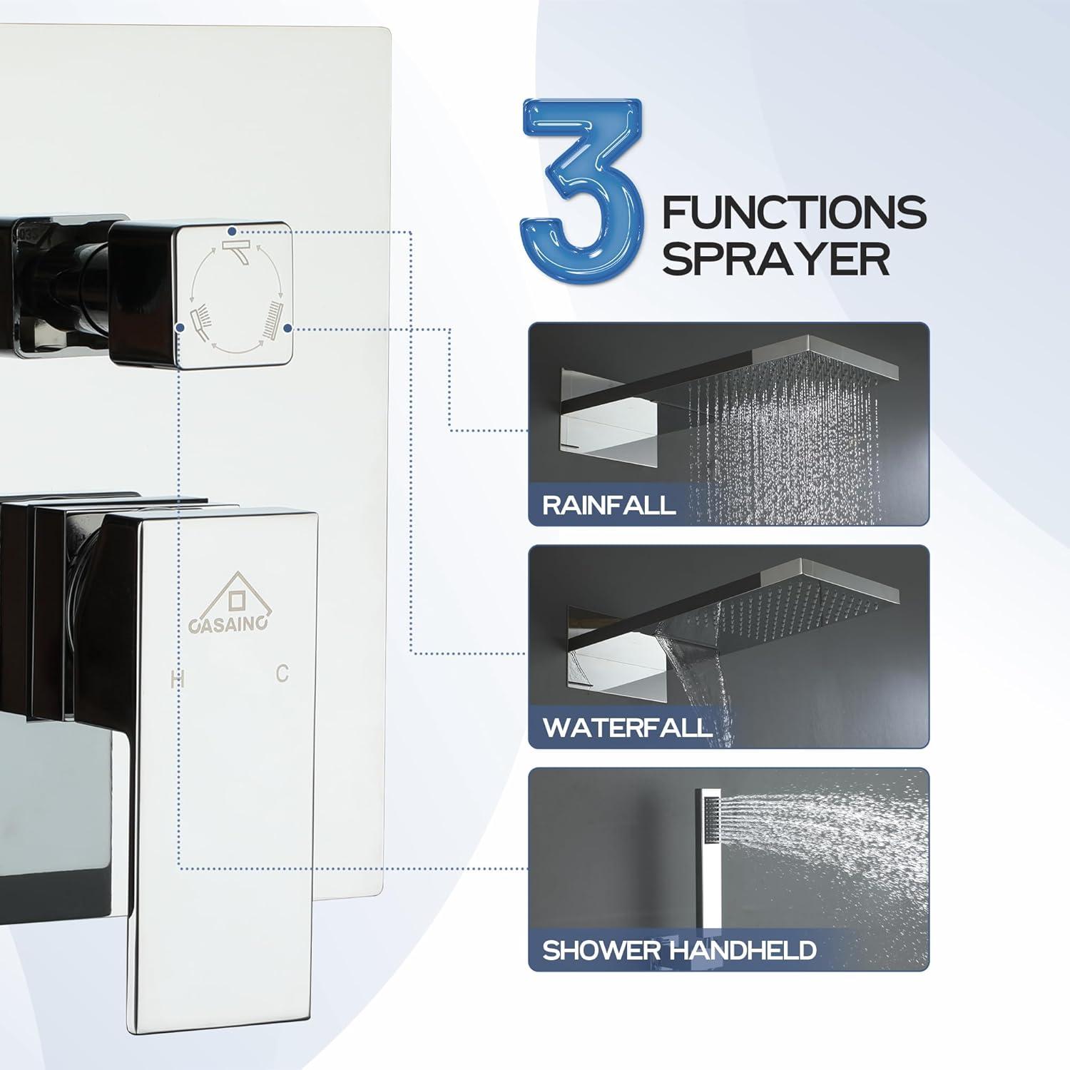 Rainier 22" Rainfall Complete Shower System with with Rainfall & Waterfall Spray, Handheld and Rough-in Valve Included