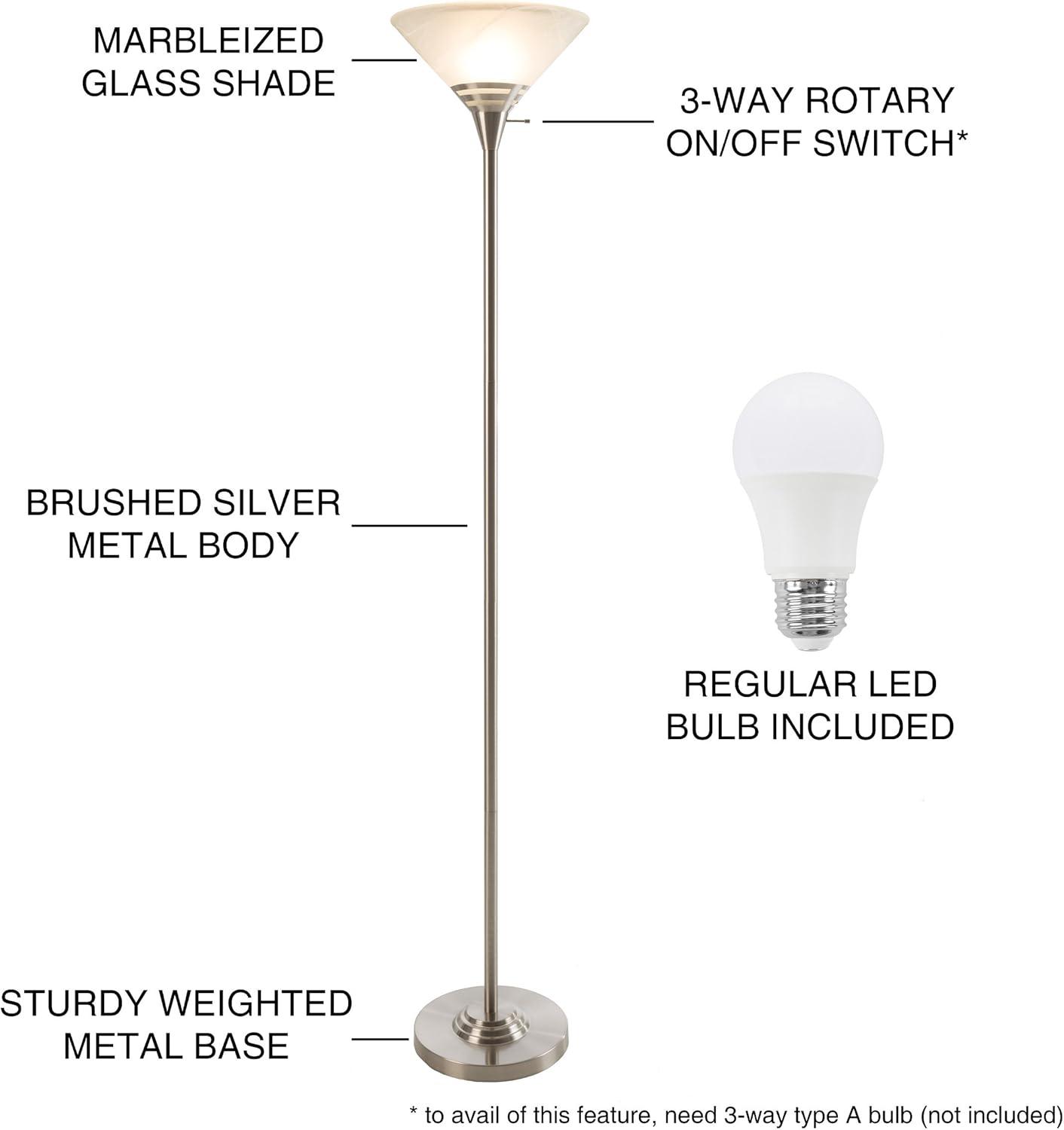 Torchiere Floor Lamp-Standing Light with Sturdy Metal Base & Marbleized Glass Shade-Energy Saving LED Bulb - Brushed Silver