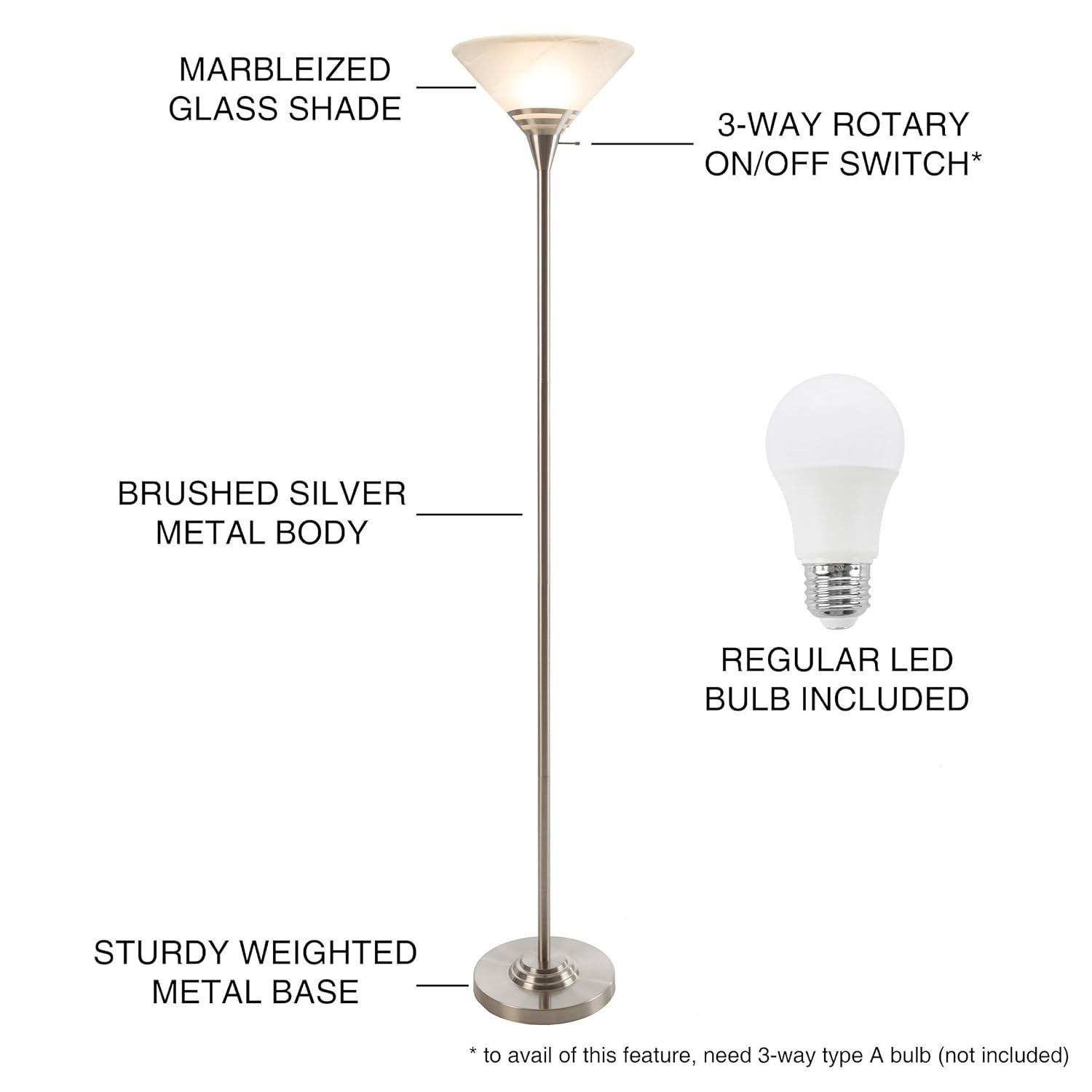 Torchiere Floor Lamp-Standing Light with Sturdy Metal Base & Marbleized Glass Shade-Energy Saving LED Bulb - Brushed Silver